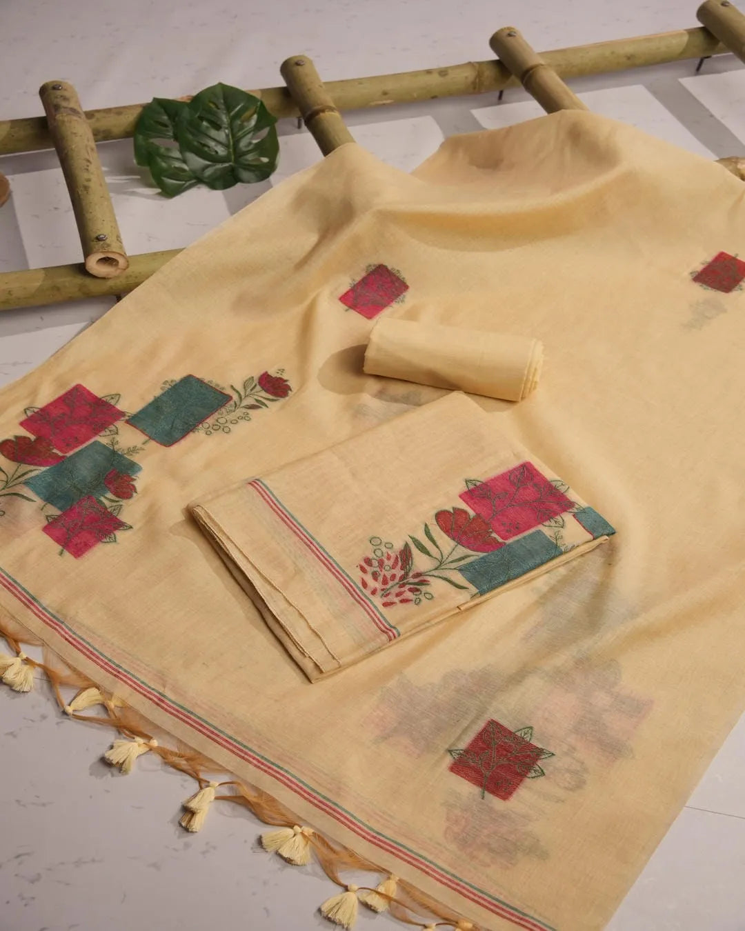 Baby Pink Muga Cotton Unstitched Suit Material with Floral Blocks