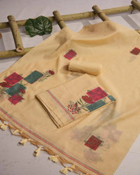Cream Muga Cotton Unstitched Suit Material with Floral Blocks