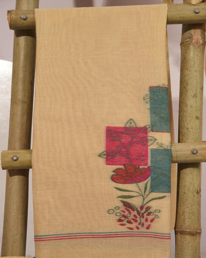 Sandy Beige and Multicolored Muga Cotton Unstitched Suit Set