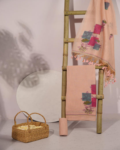 Peach and Teal Muga Cotton Unstitched Suit Set