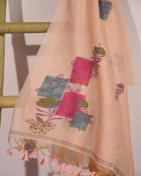 Baby Pink Muga Cotton Unstitched Suit Material with Floral Blocks