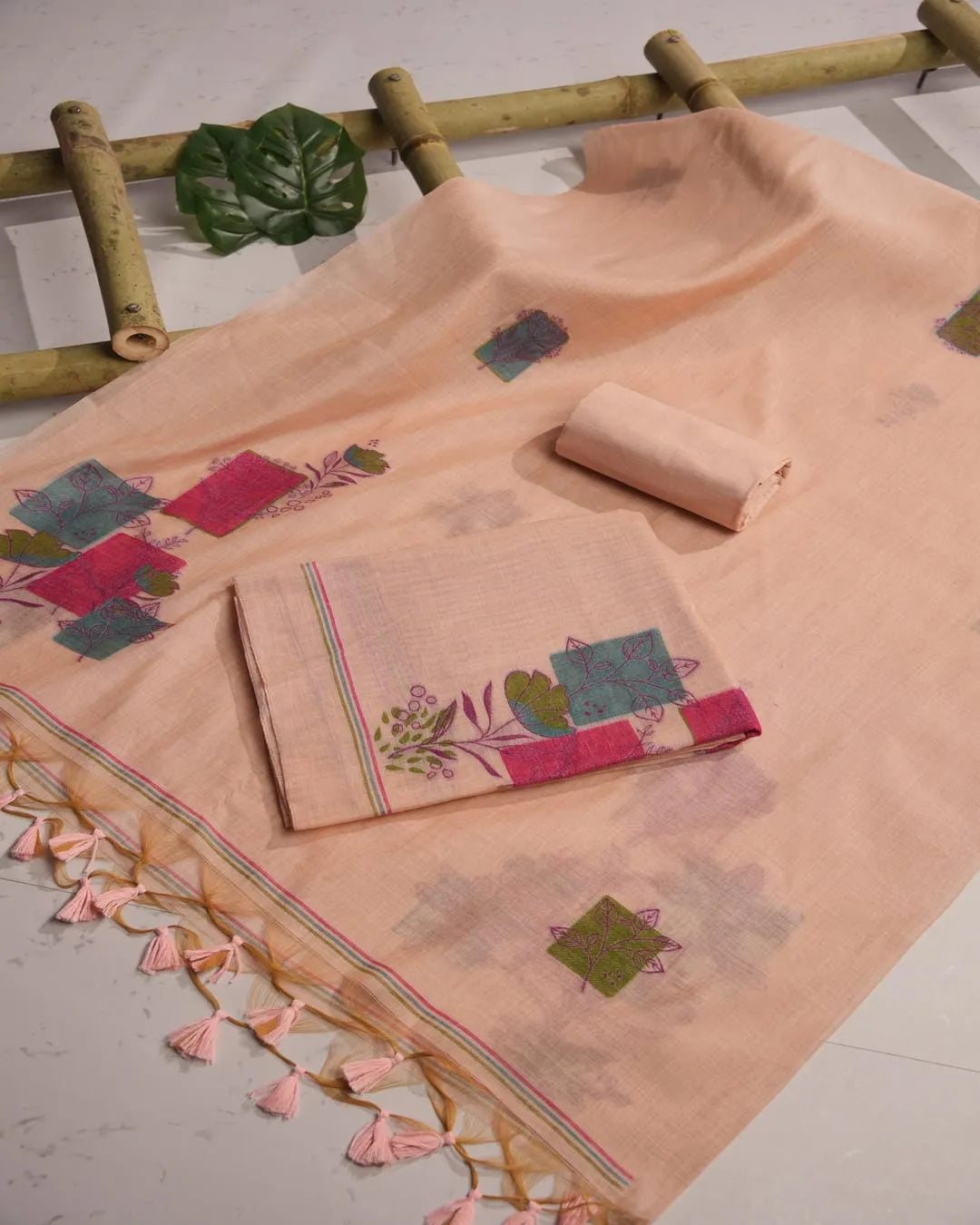 Baby Pink Muga Cotton Unstitched Suit Material with Floral Blocks