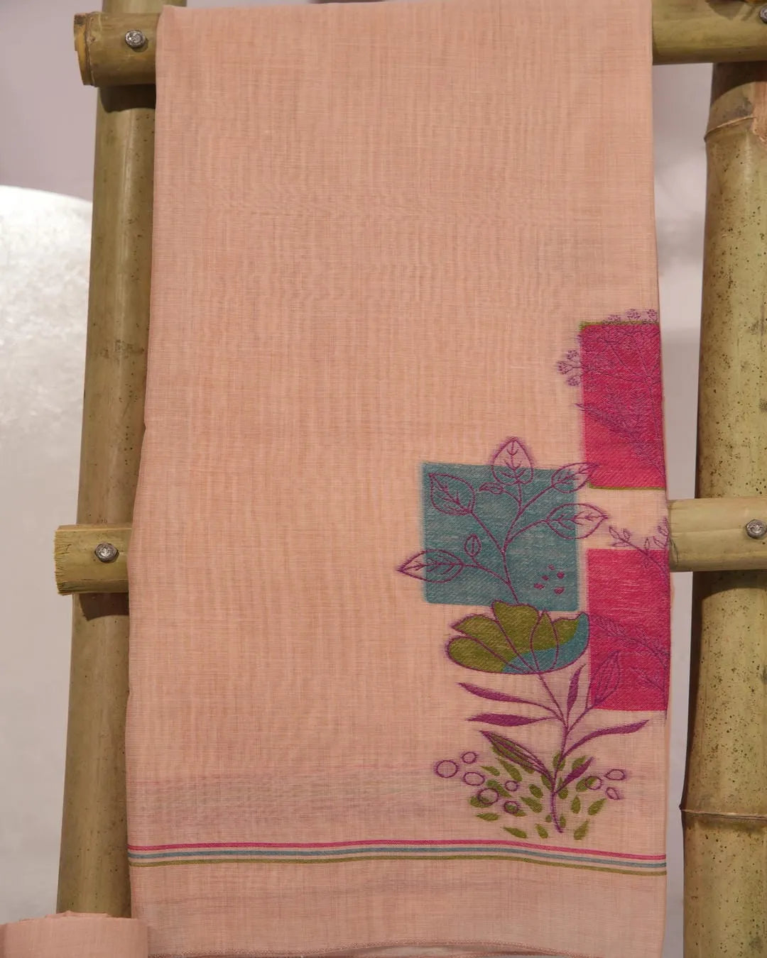 Baby Pink Muga Cotton Unstitched Suit Material with Floral Blocks