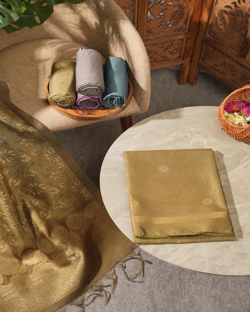 Amber Glow – Antique Gold Semi Tussar Silk Unstitched Suit
