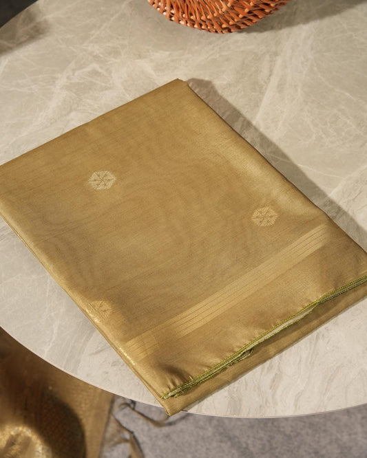 Golden Olive Jamdani Semi Tussar Unstitched Suit Set | Antique Zari Motifs