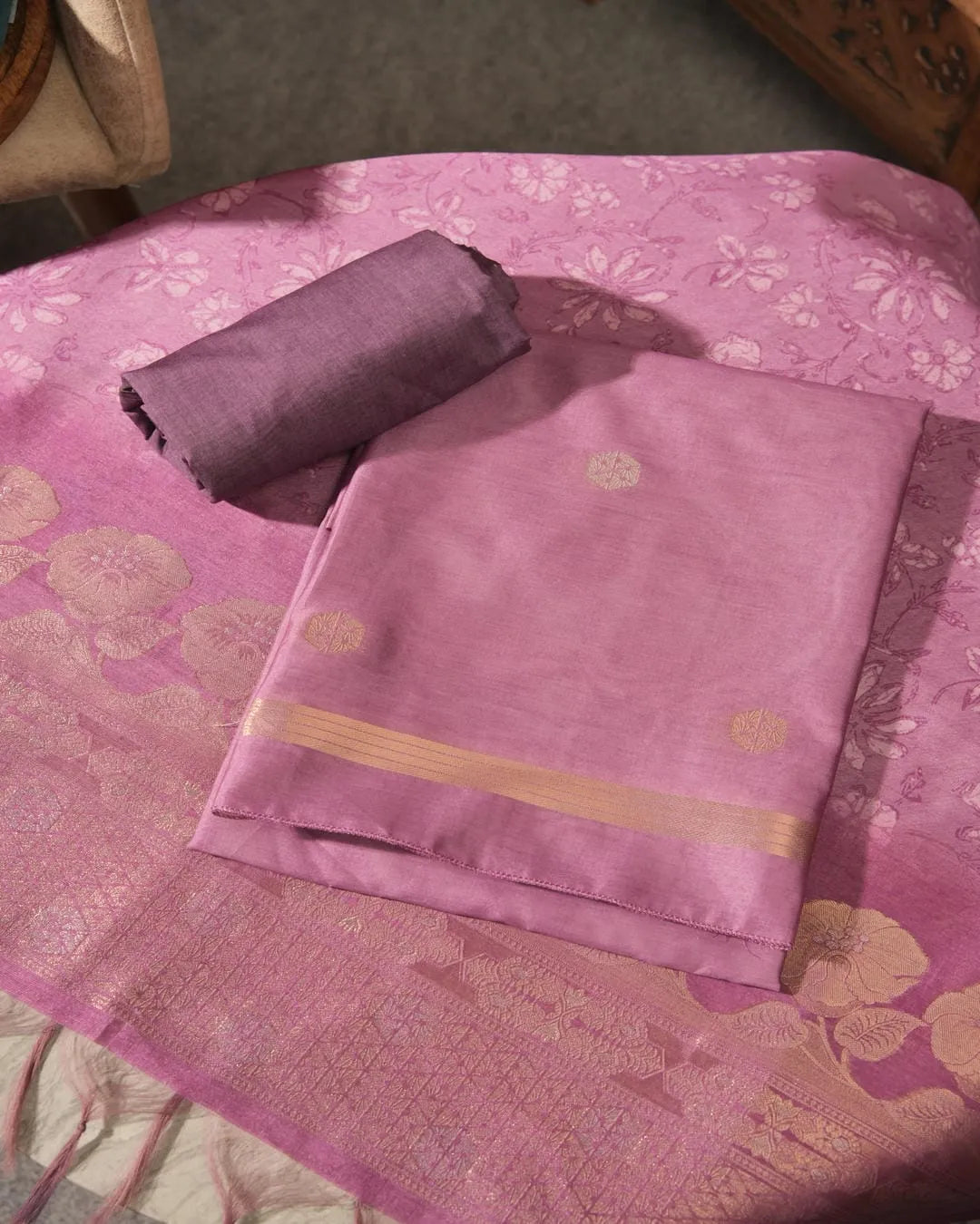 Amber Glow – Antique Gold Semi Tussar Silk Unstitched Suit