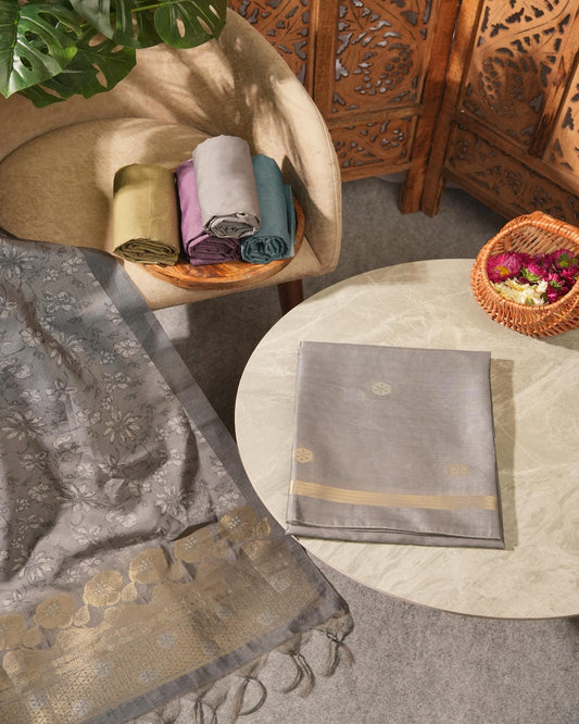 Dusty Grey Semi Tussar Silk Jamdani Unstitched Suit| Woven Zari Butti