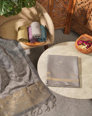 Midnight Whisper – Steel Grey Semi Tussar Silk Unstitched Suit
