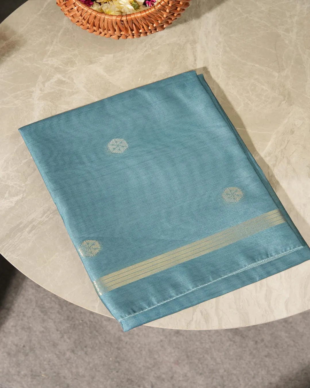 Teal Floral Semi Tussar Silk Unstitched Suit Material with Zari Border