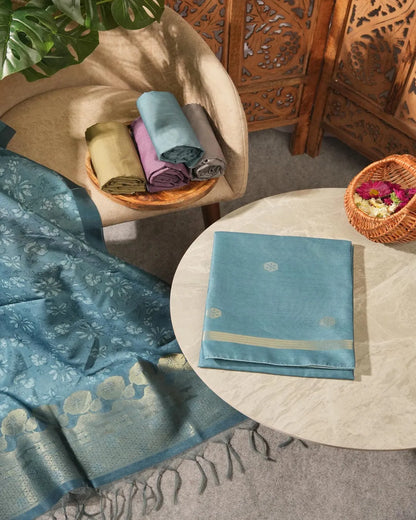 Teal Floral Semi Tussar Silk Unstitched Suit Material with Zari Border