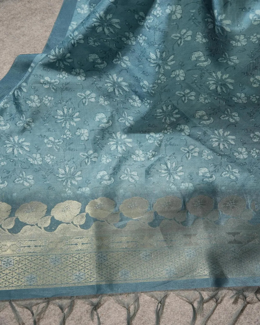 Teal Floral Semi Tussar Silk Unstitched Suit Material with Zari Border