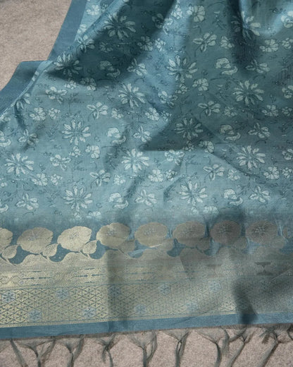 Teal Floral Semi Tussar Silk Unstitched Suit Material with Zari Border