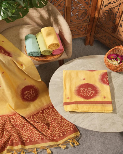 Yellow Muga Cotton Unstitched Suit Material with Maroon Ikat Motifs