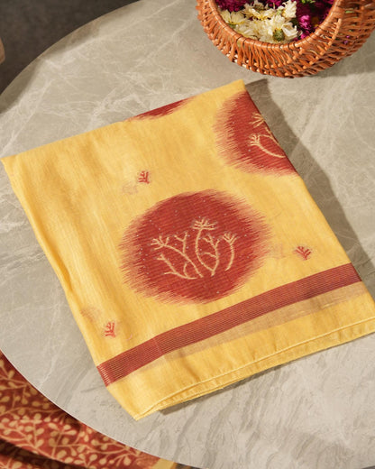 Mustard Yellow Muga Cotton Jamdani Unstitched Suit Set | Maroon Woven Motifs