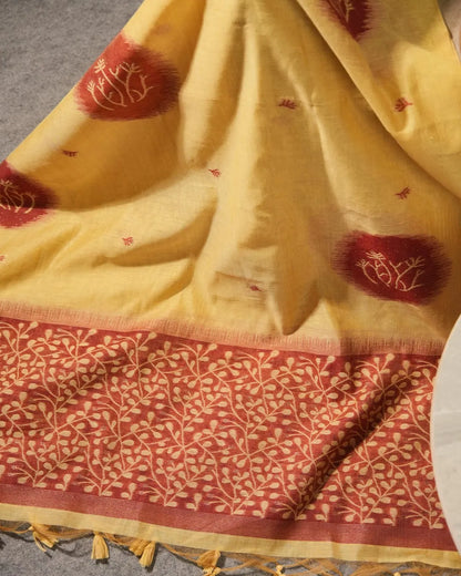 Yellow Muga Cotton Unstitched Suit Material with Maroon Ikat Motifs