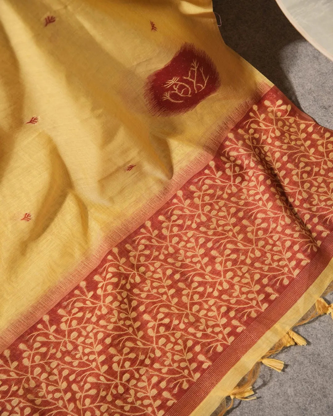 Yellow Muga Cotton Unstitched Suit Material with Maroon Ikat Motifs