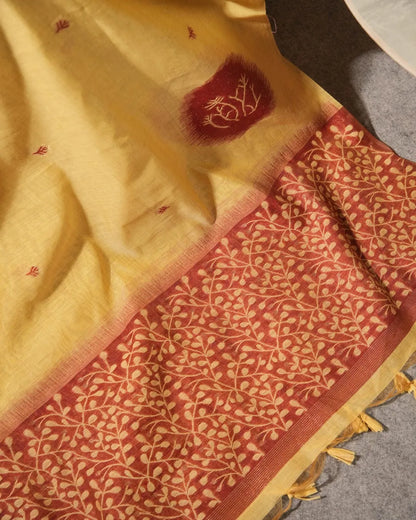 Yellow Muga Cotton Unstitched Suit Material with Maroon Ikat Motifs