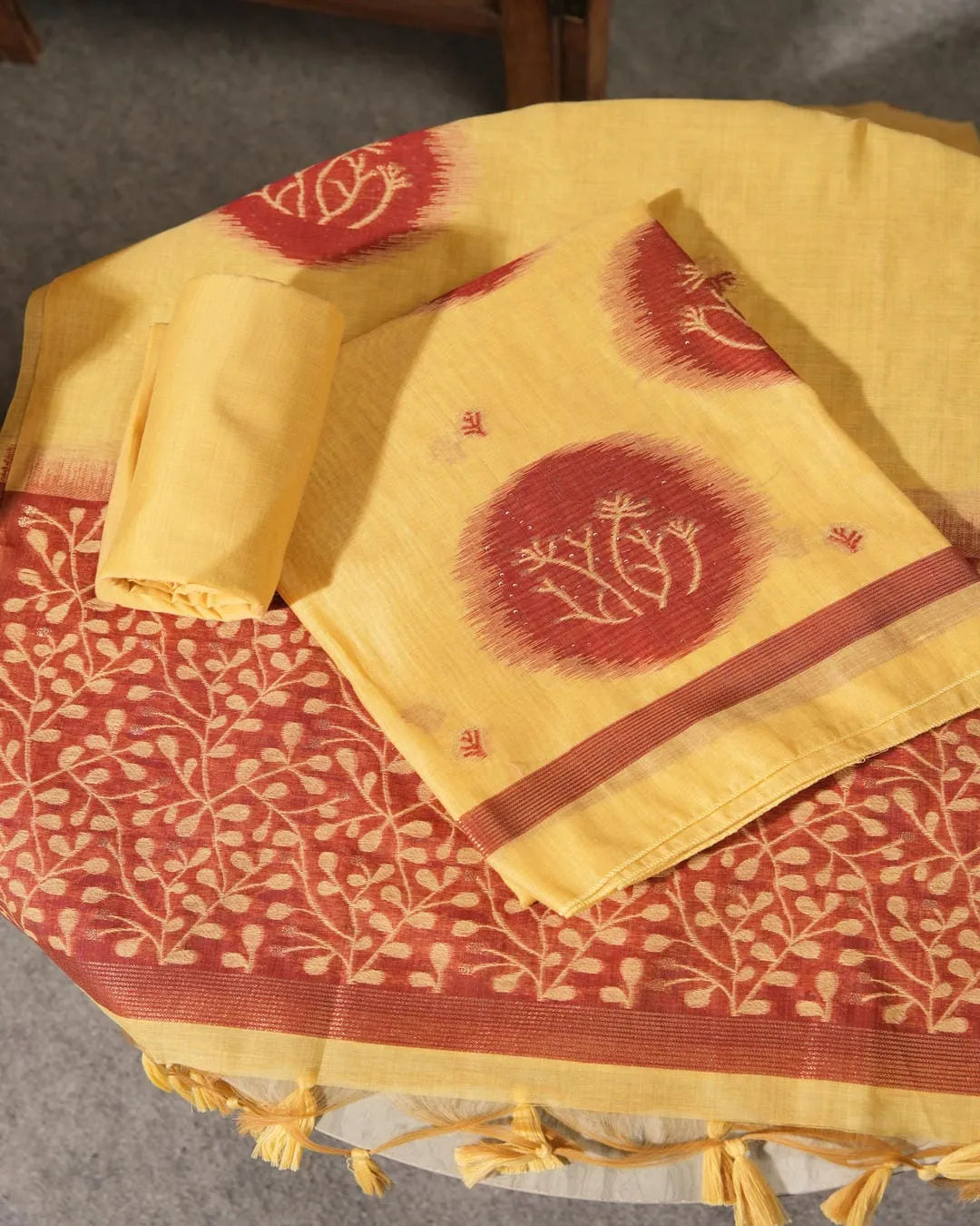 Yellow Muga Cotton Unstitched Suit Material with Maroon Ikat Motifs