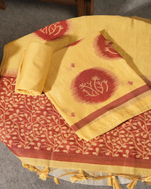 Yellow Muga Cotton Unstitched Suit Material with Maroon Ikat Motifs
