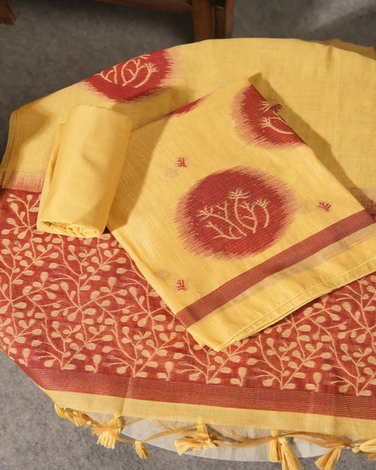 Yellow Muga Cotton Unstitched Suit Material with Maroon Ikat Motifs