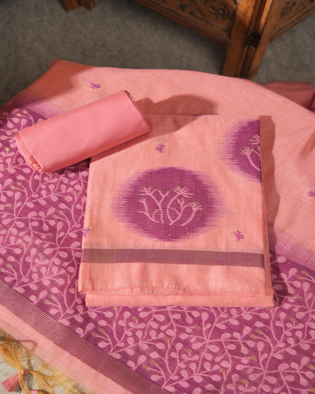 Peach Pink Muga Cotton Jamdani Unstitched Suit Set | Purple Woven Motifs