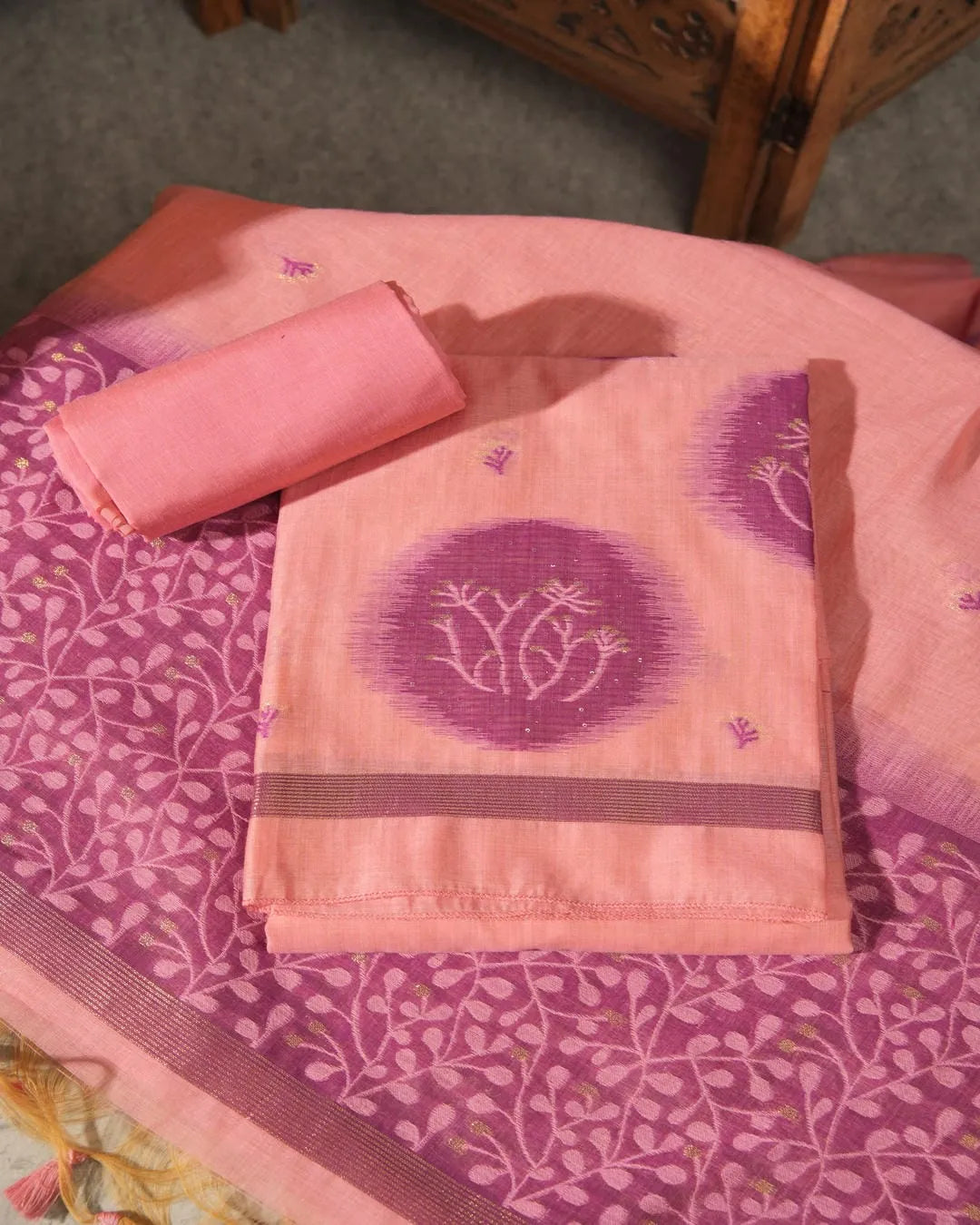 Pink Muga Cotton Unstitched Suit Material with Ikat Style Motifs