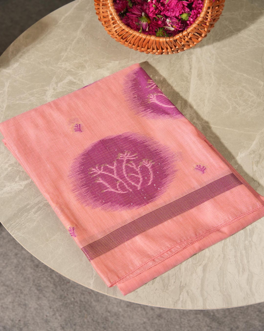 Peach Pink Muga Cotton Jamdani Unstitched Suit Set | Purple Woven Motifs
