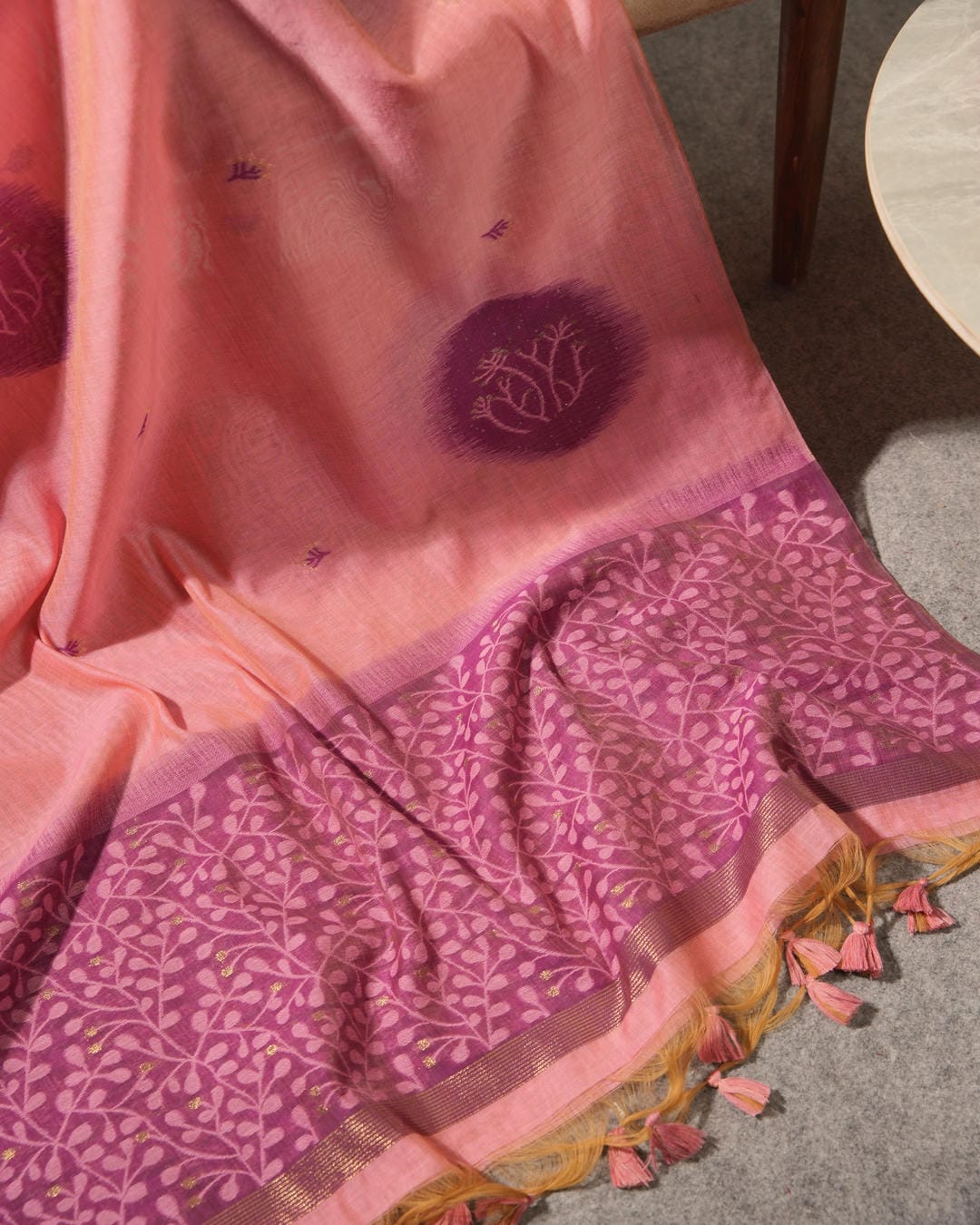 Peach Pink Muga Cotton Jamdani Unstitched Suit Set | Purple Woven Motifs