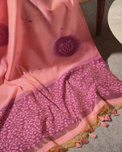Peach Pink Muga Cotton Jamdani Unstitched Suit Set | Purple Woven Motifs
