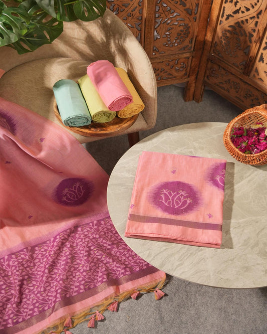 Peach Pink Muga Cotton Jamdani Unstitched Suit Set | Purple Woven Motifs