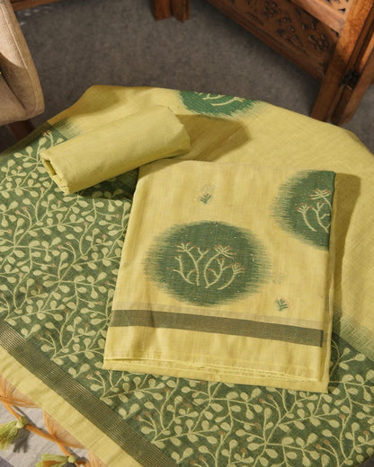 Lime Green Muga Cotton Jamdani Unstitched Suit Set |Forest Green Woven Design