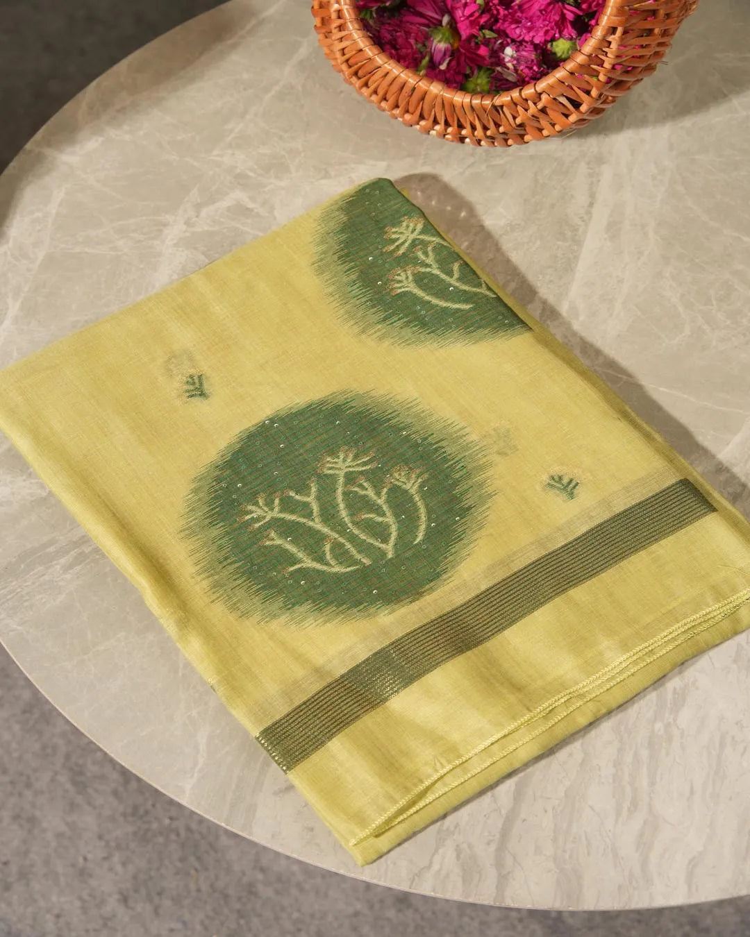 Pista Green Muga Cotton Unstitched Suit Material with Emerald Motifs
