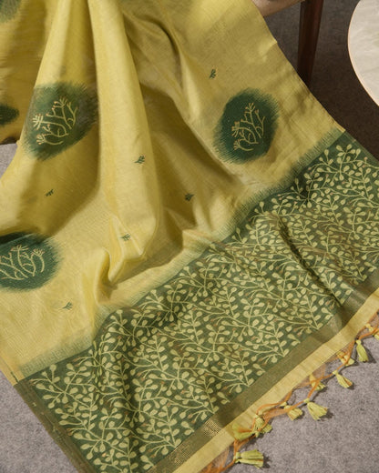 Lime Green Muga Cotton Jamdani Unstitched Suit Set |Forest Green Woven Design