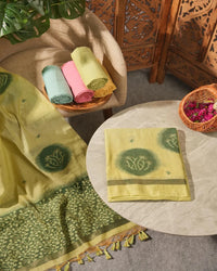 Pista Green Muga Cotton Unstitched Suit Material with Emerald Motifs