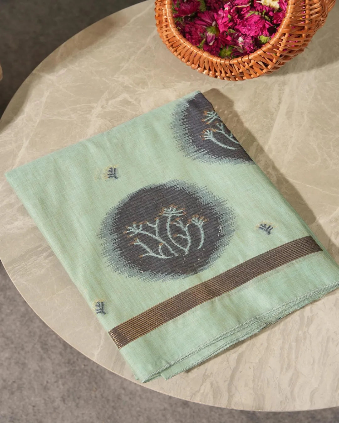 Sky Blue Muga Cotton Unstitched Suit Material with Charcoal Motifs