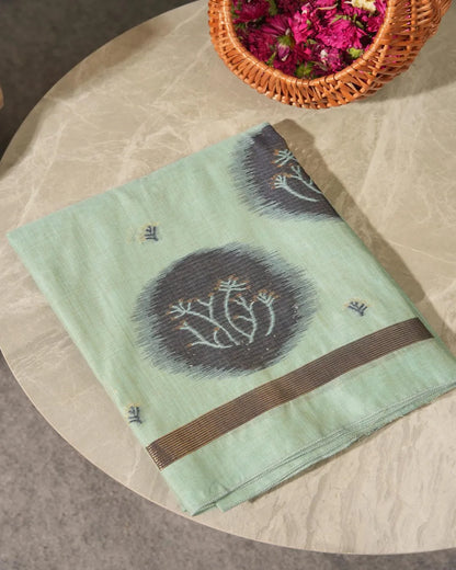 Sky Blue Muga Cotton Unstitched Suit Material with Charcoal Motifs