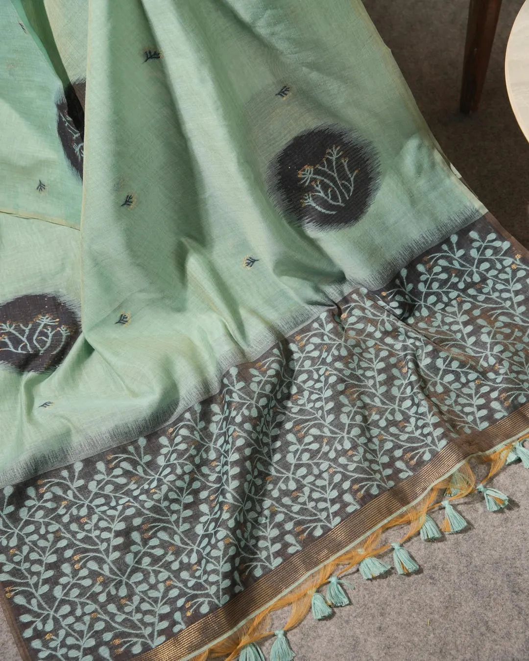 Yellow Muga Cotton Unstitched Suit Material with Maroon Ikat Motifs