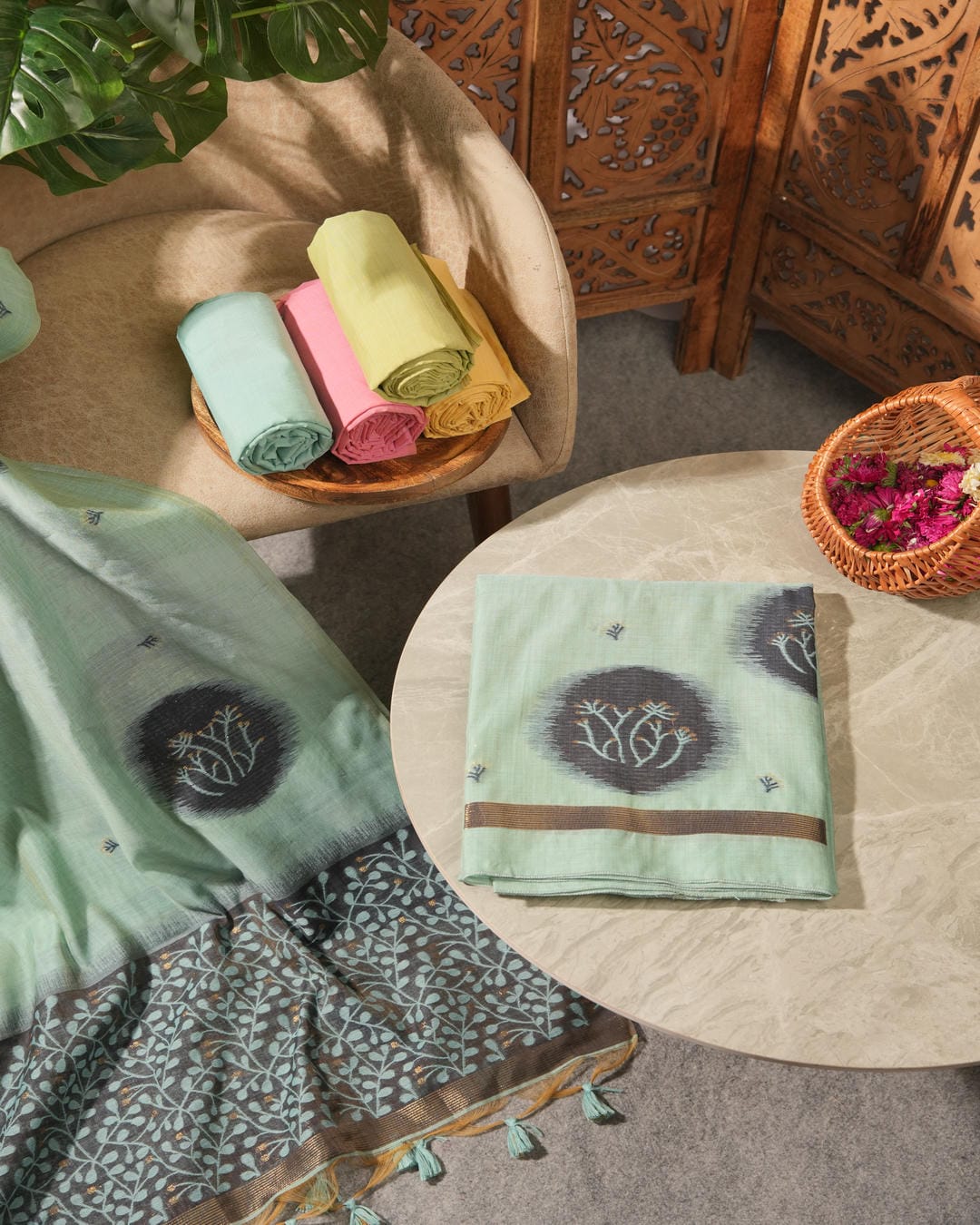 Lime Green Muga Cotton Jamdani Unstitched Suit Set |Forest Green Woven Design