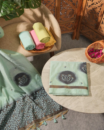 Lime Green Muga Cotton Jamdani Unstitched Suit Set |Forest Green Woven Design