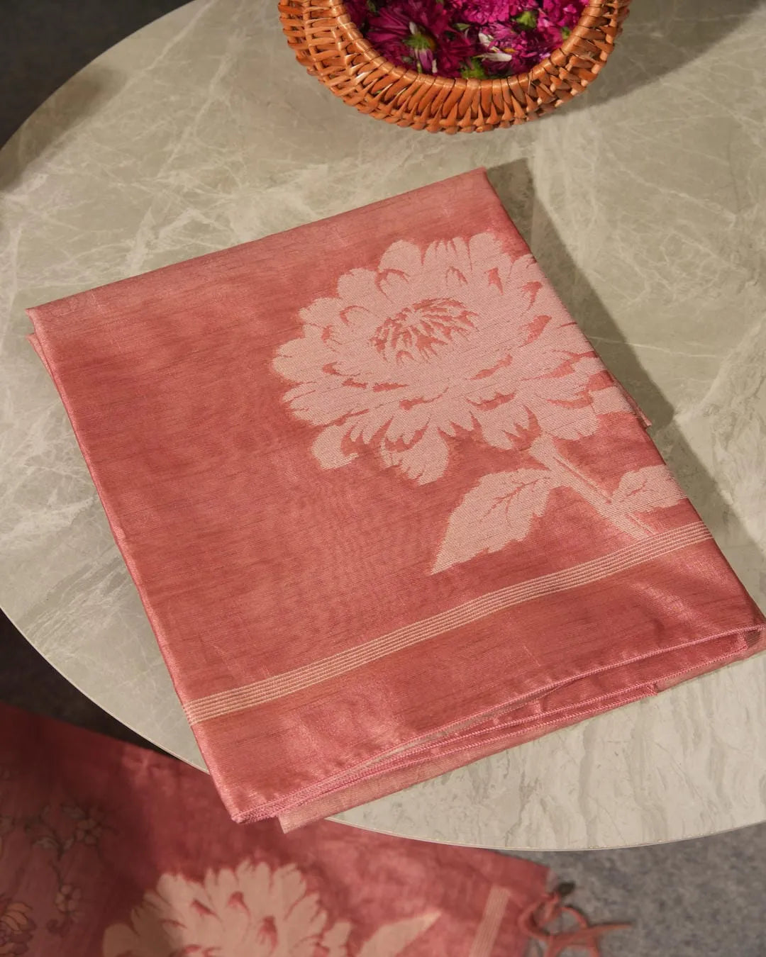 Rose Pink Floral Semi Tussar Silk Unstitched Suit with Lotus Border