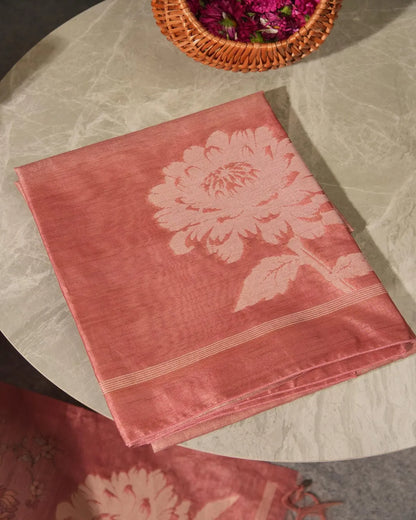 Rose Pink Floral Semi Tussar Silk Unstitched Suit with Lotus Border
