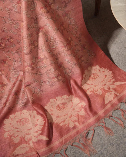 Olive Floral Semi Tussar Silk Unstitched Suit with Lotus Border