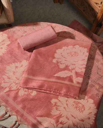 Rose Pink Floral Semi Tussar Silk Unstitched Suit with Lotus Border