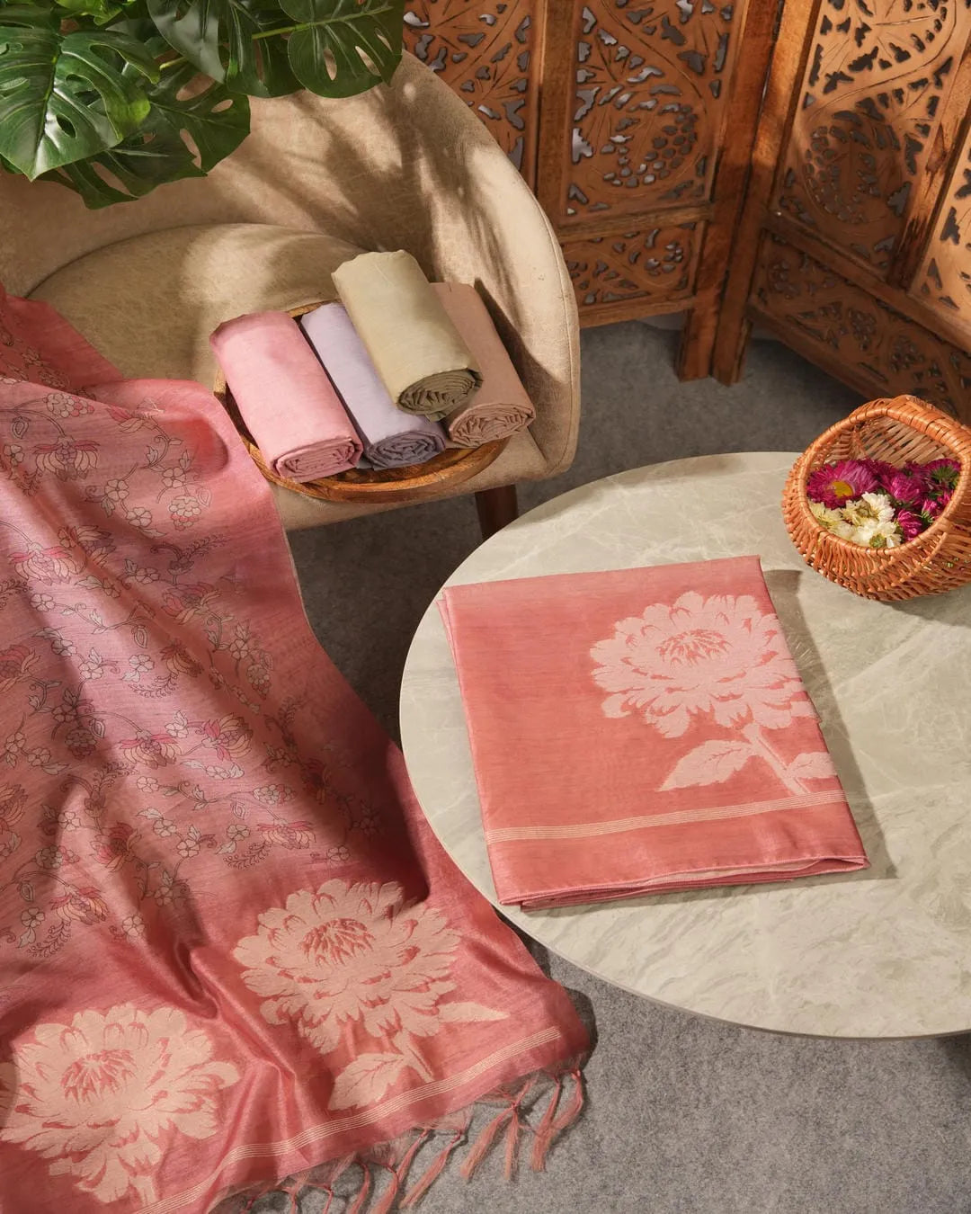 Rose Pink Floral Semi Tussar Silk Unstitched Suit with Lotus Border