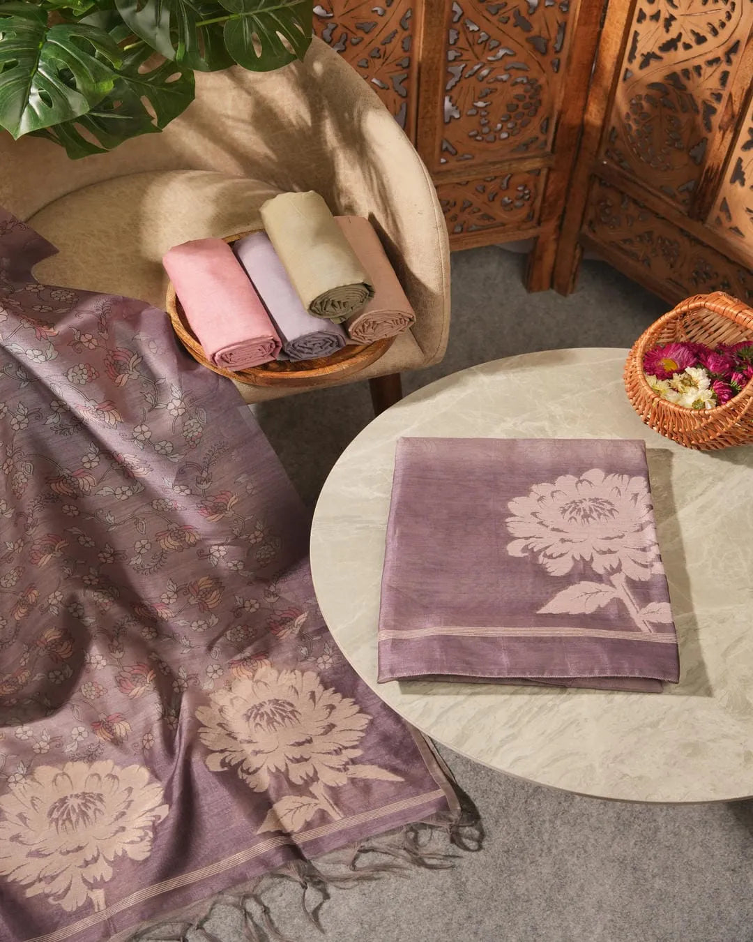 Lavender Floral Semi Tussar Silk Unstitched Suit with Lotus Border