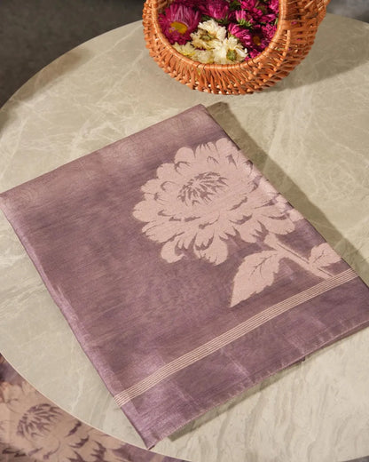 Lavender Floral Semi Tussar Silk Unstitched Suit with Lotus Border