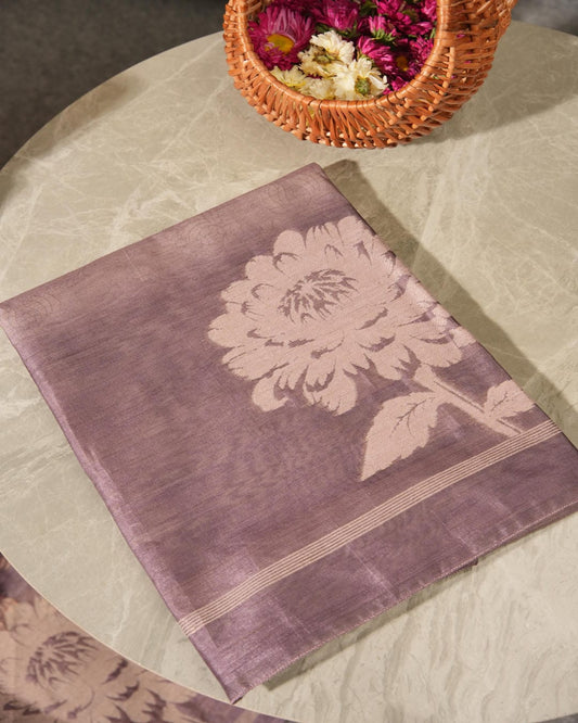 Mauve Dhakai Jamdani Semi Tussar Unstitched Suit Set | Woven Floral Motif