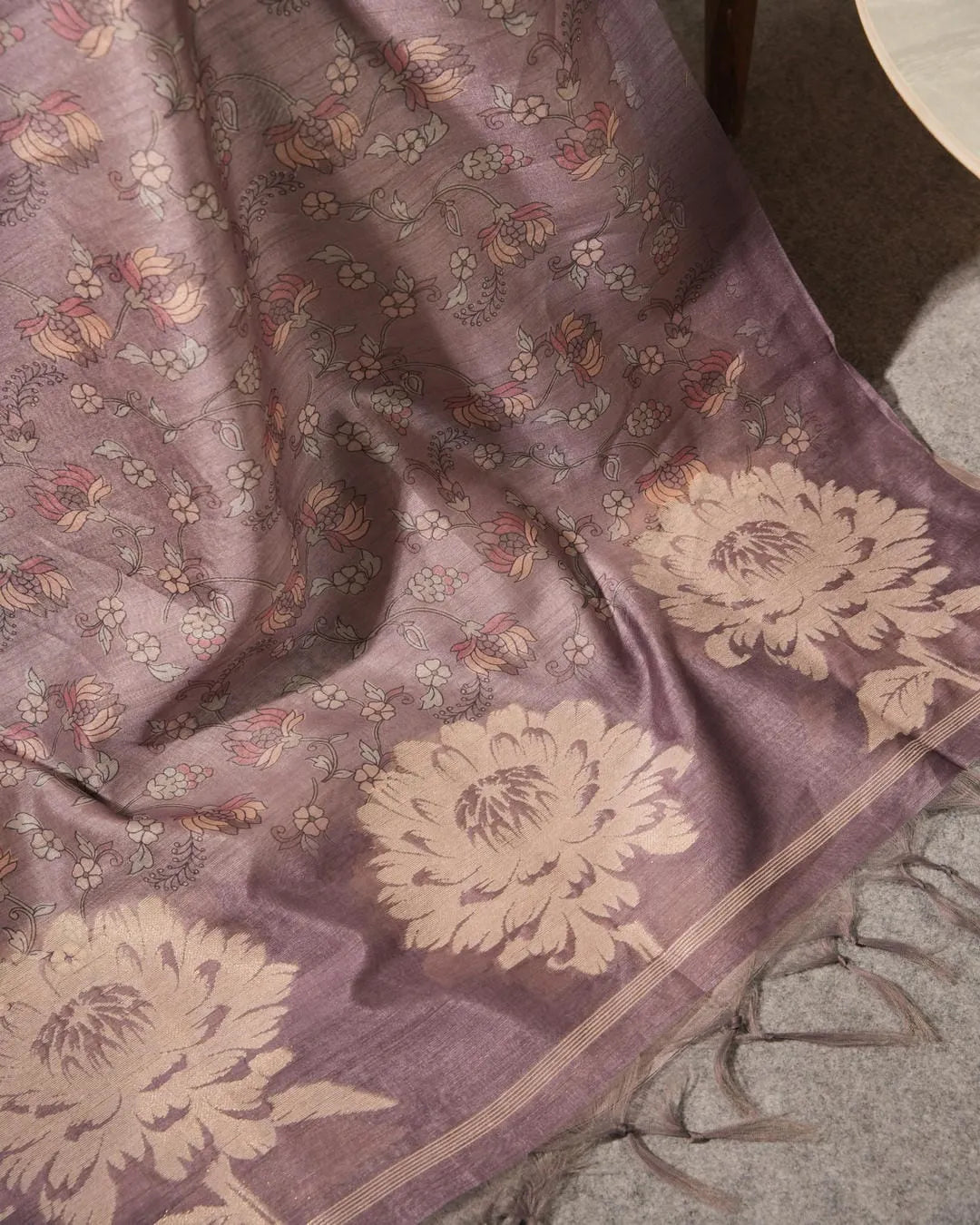 Olive Floral Semi Tussar Silk Unstitched Suit with Lotus Border