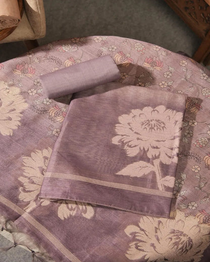 Lavender Floral Semi Tussar Silk Unstitched Suit with Lotus Border