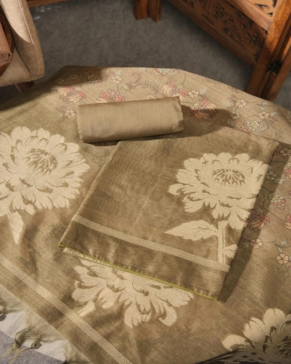 Olive Floral Semi Tussar Silk Unstitched Suit with Lotus Border